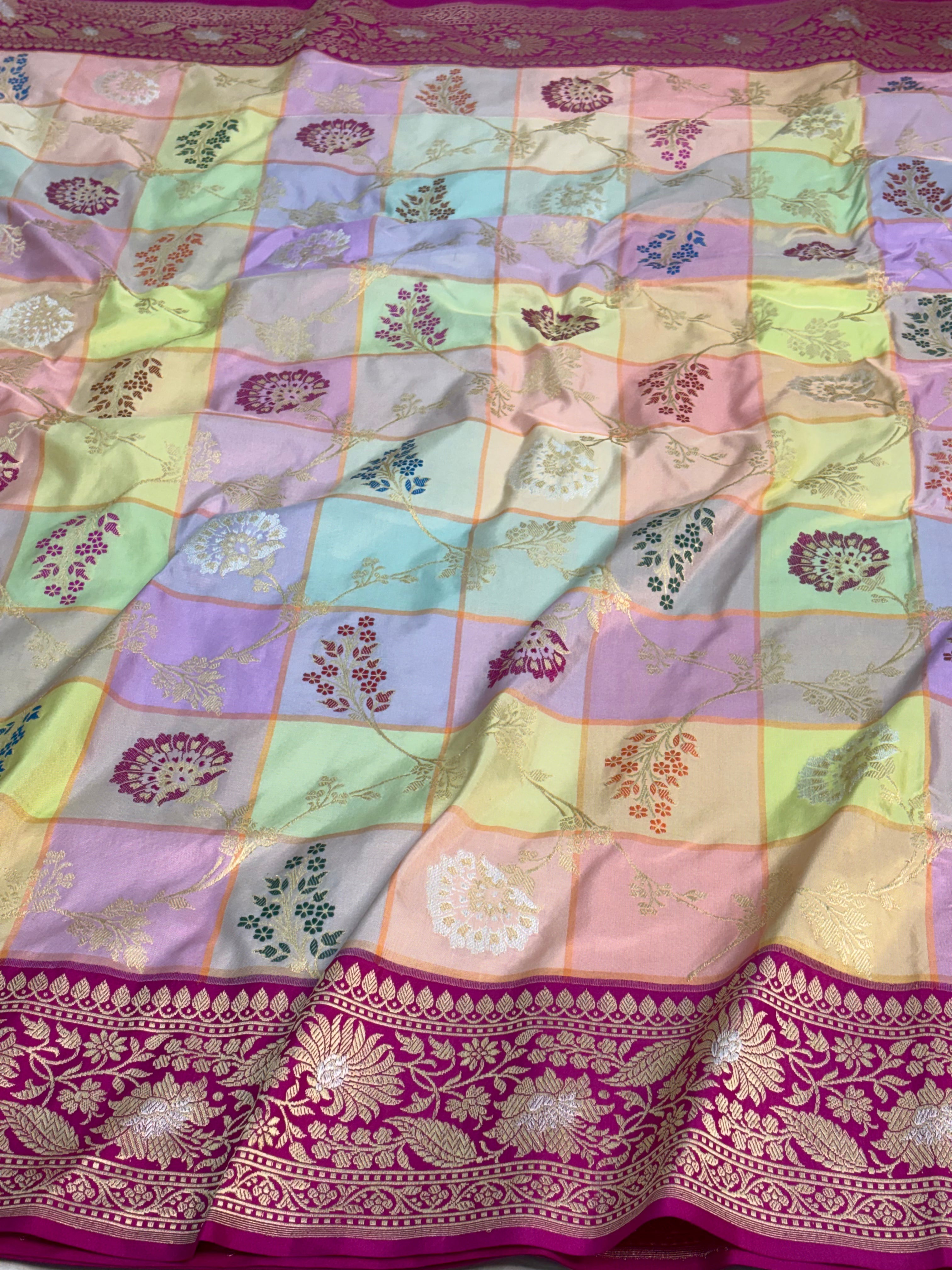 Multicolor Checks Jaal Rankat Pure Katan Silk Banarasi Saree with Kadhial Rupa Sona Border