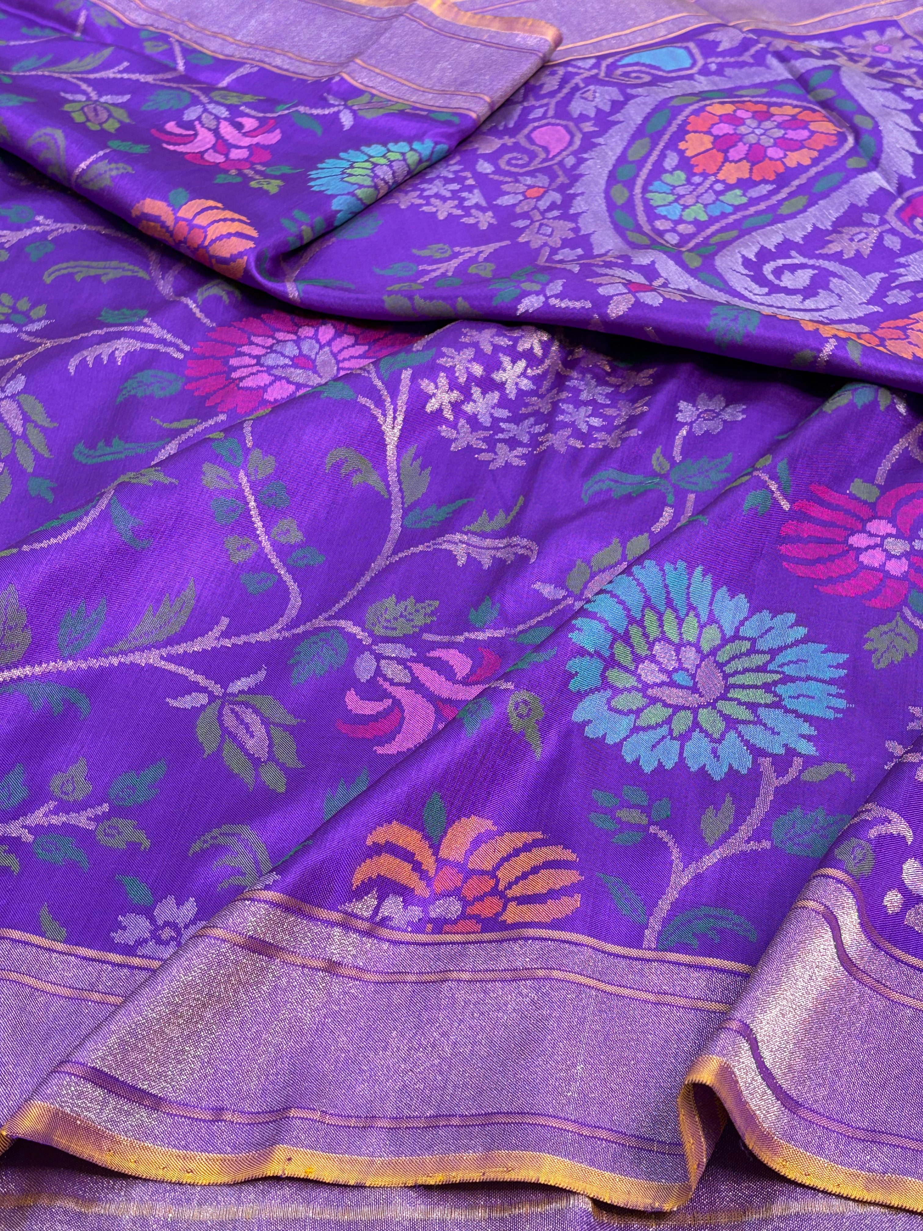 Lavender Real Zari Pure Katan Silk Ektara Jamdani Banarasi Saree with Meenakari Work