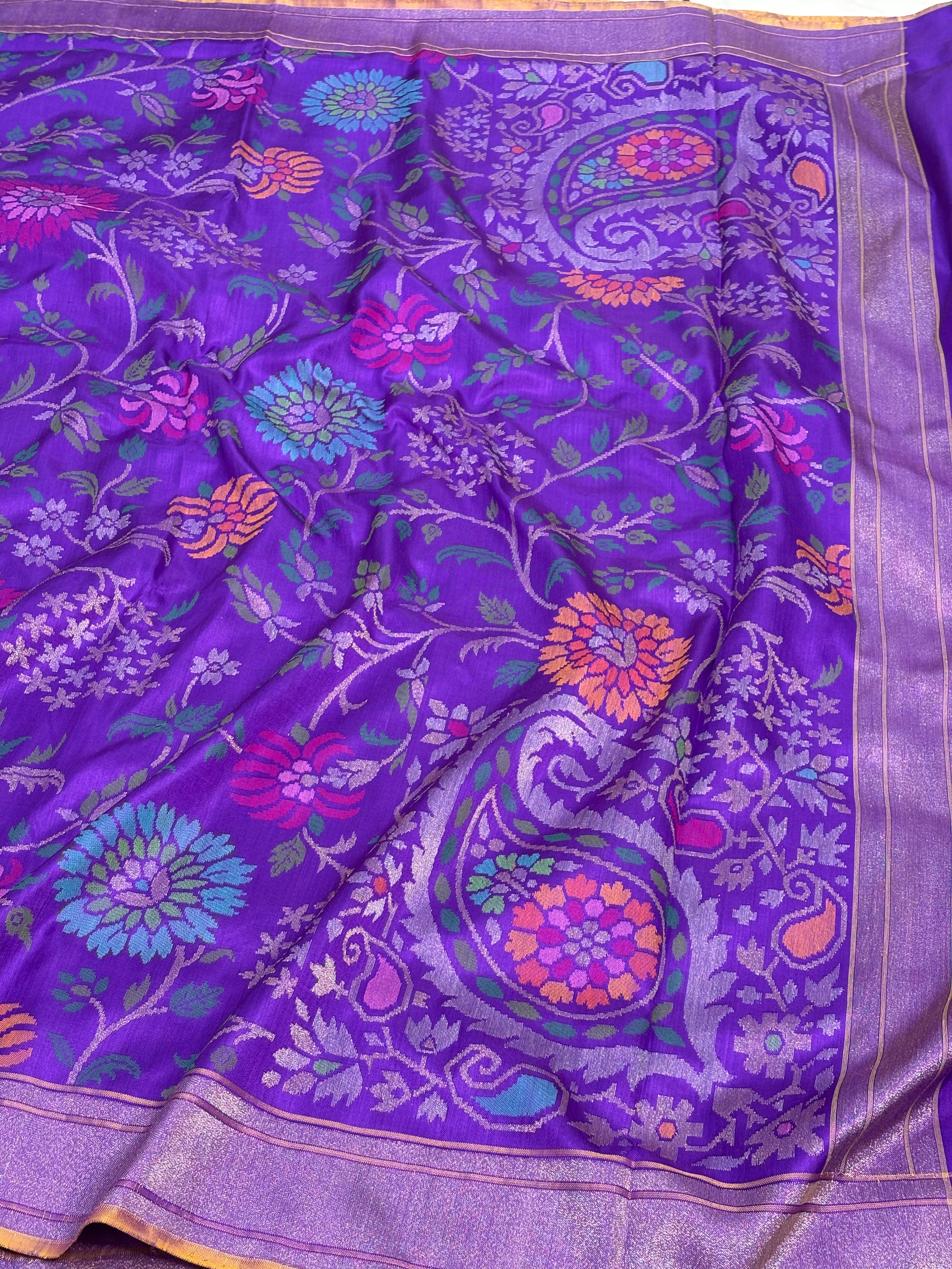 Lavender Real Zari Pure Katan Silk Ektara Jamdani Banarasi Saree with Meenakari Work