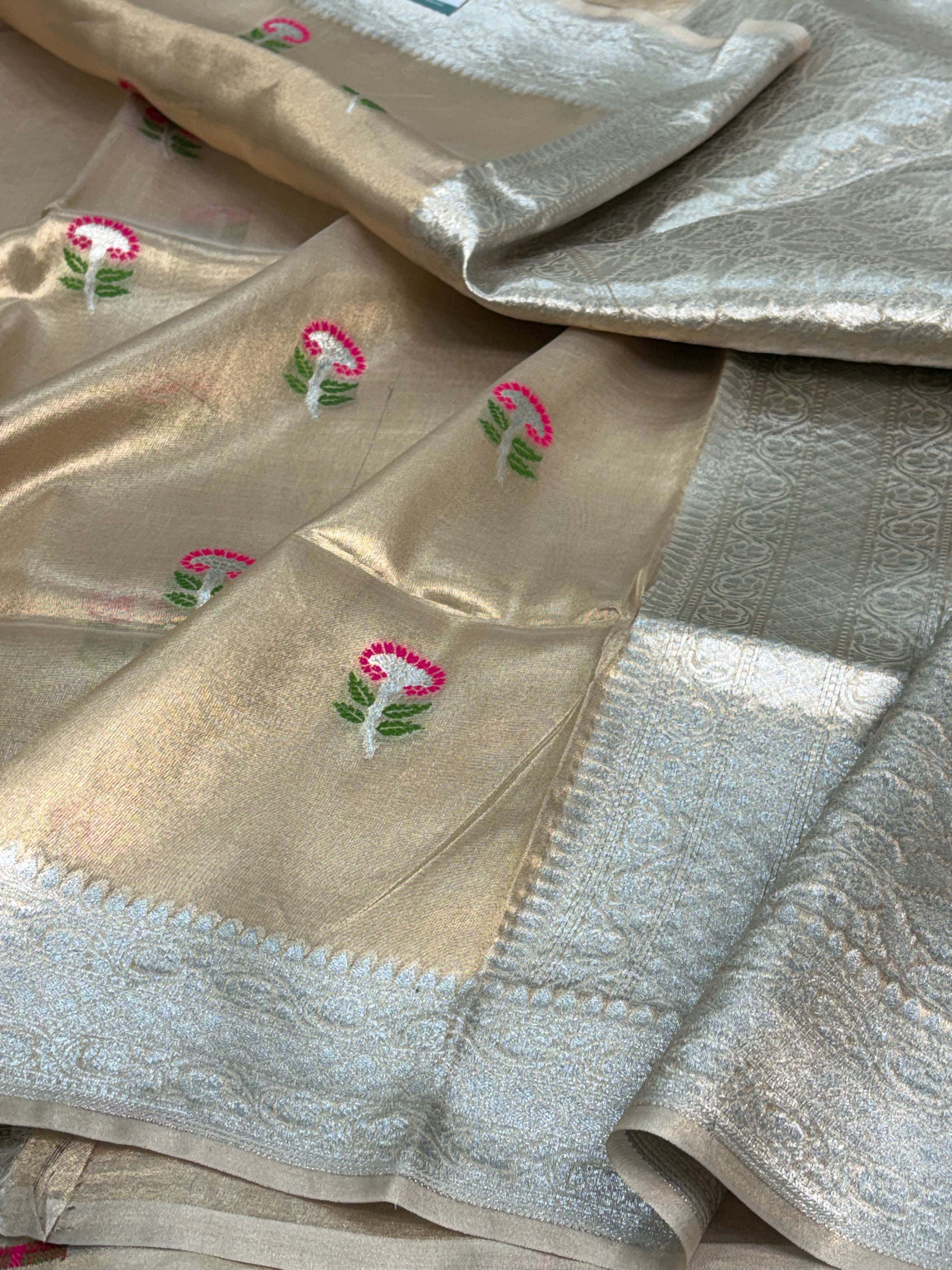Handwoven Banarasi Tissue Silk Saree with Meenakari Booti and Silver Zari