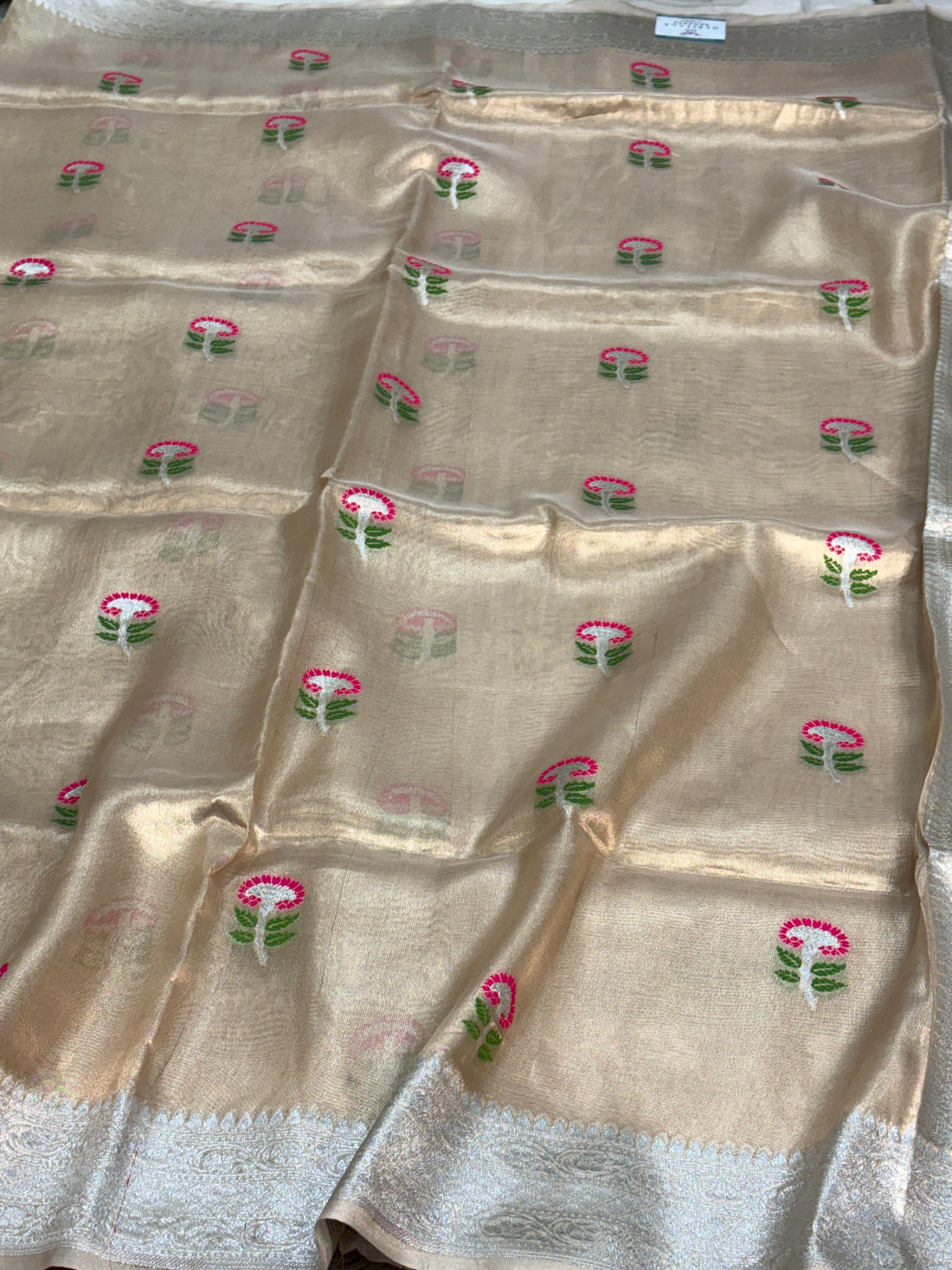 Handwoven Banarasi Tissue Silk Saree with Meenakari Booti and Silver Zari