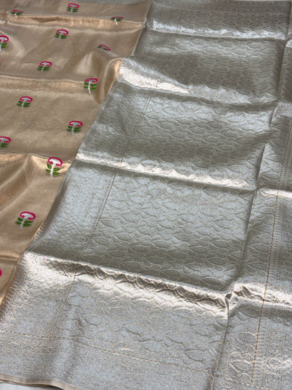 Handwoven Banarasi Tissue Silk Saree with Meenakari Booti and Silver Zari