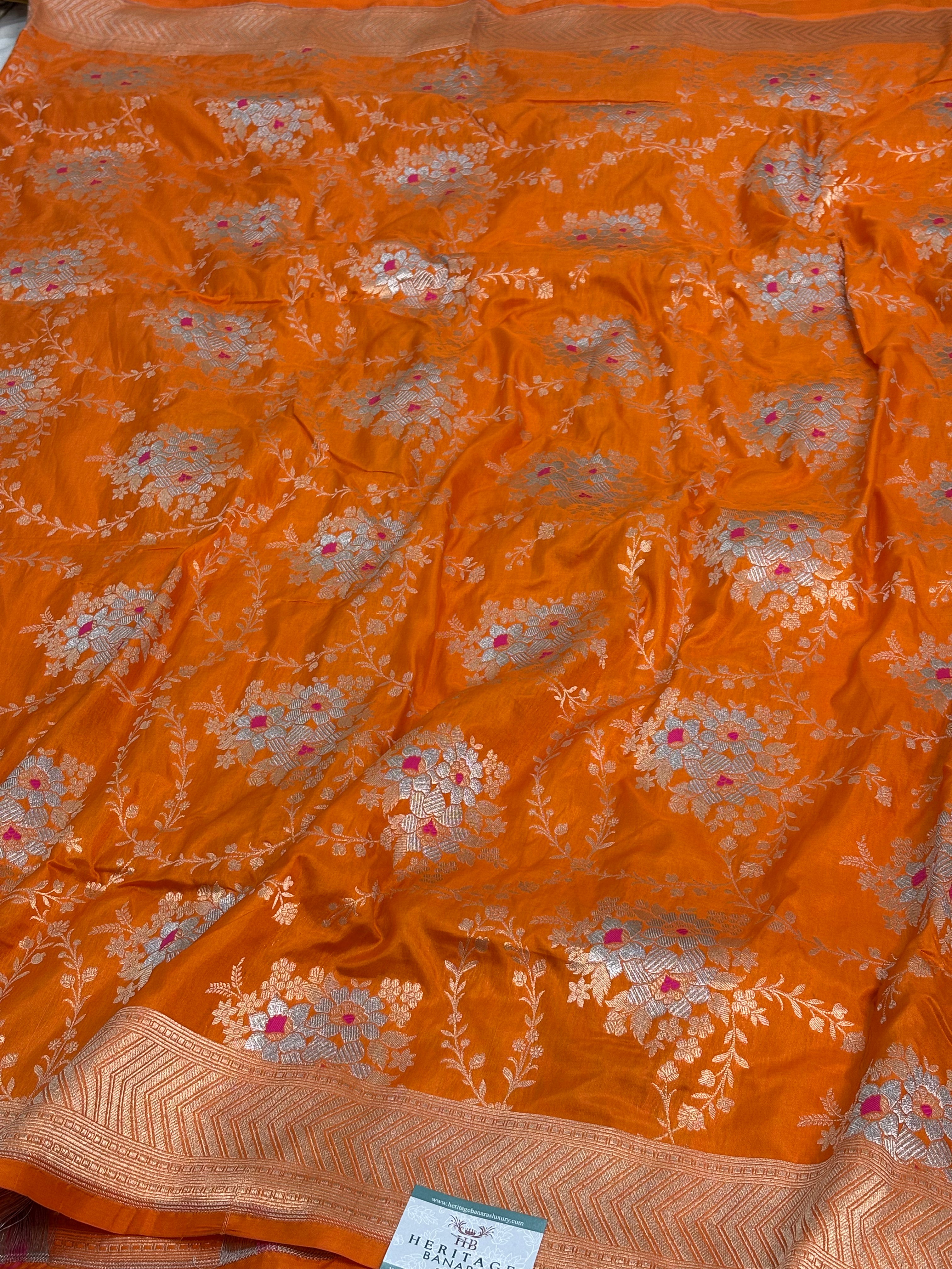 Orange Pure Katan Silk Meenakari Rupa Sona Jaal Cutwork Banarasi Saree