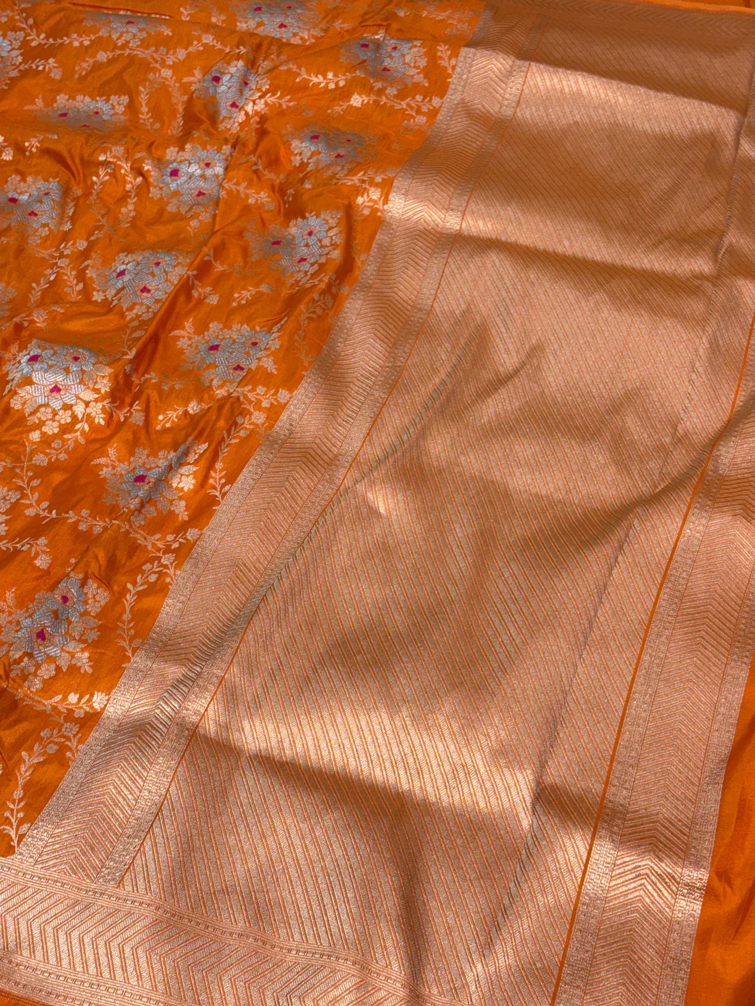 Orange Pure Katan Silk Meenakari Rupa Sona Jaal Cutwork Banarasi Saree