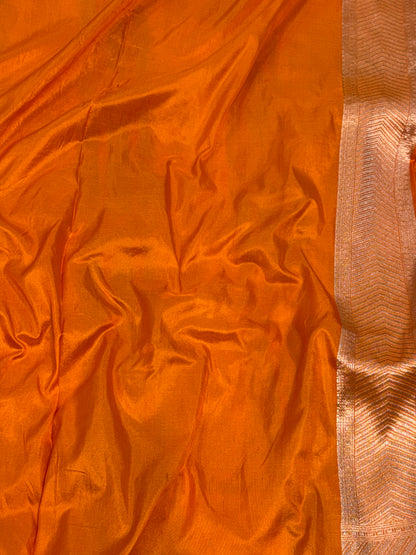 Orange Pure Katan Silk Meenakari Rupa Sona Jaal Cutwork Banarasi Saree