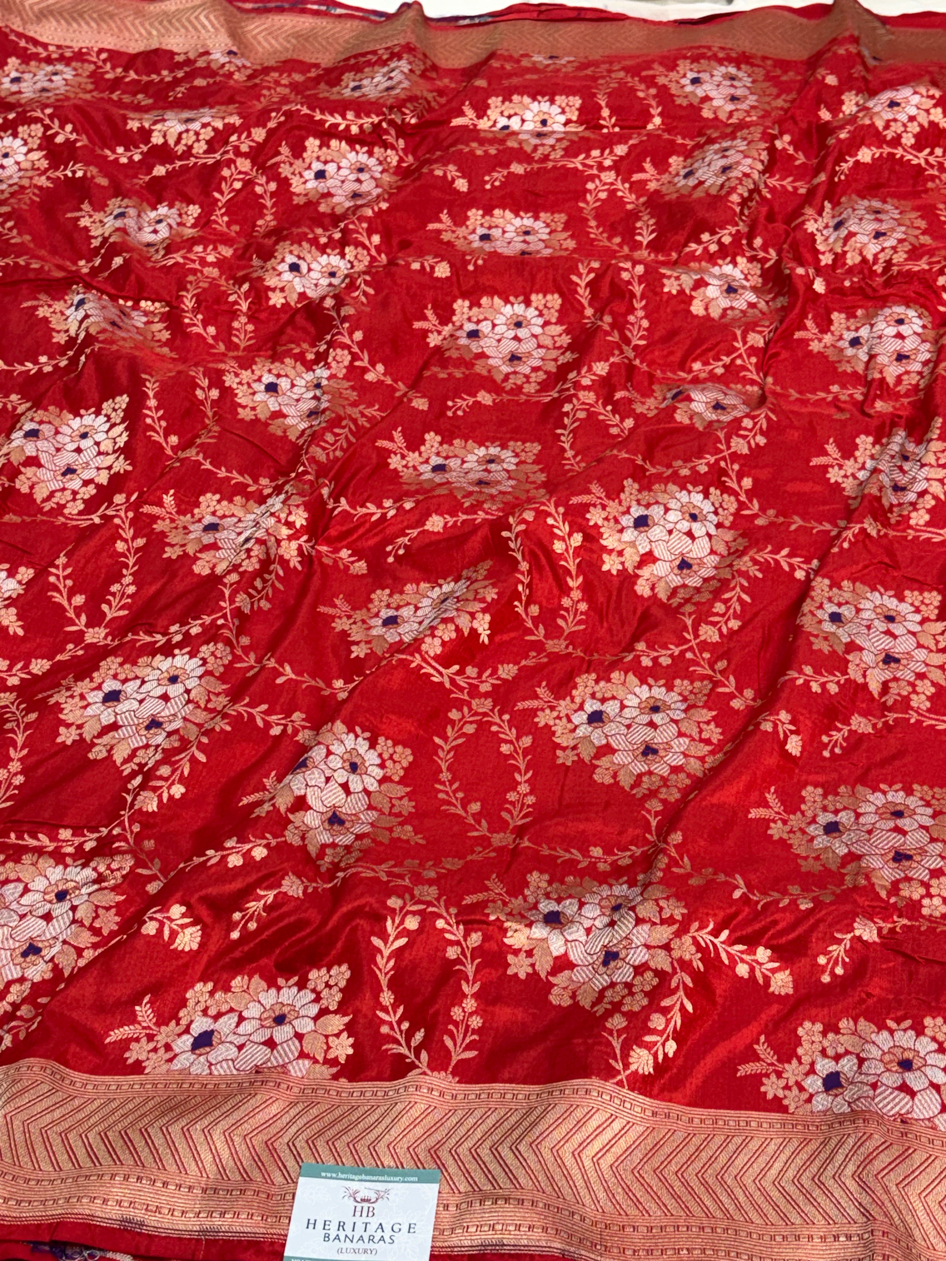 Red Pure Katan Silk Meenakari Rupa Sona Jaal Cutwork Banarasi Saree