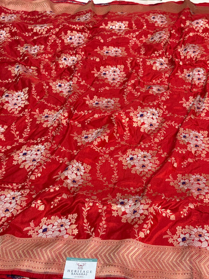 Red Pure Katan Silk Meenakari Rupa Sona Jaal Cutwork Banarasi Saree