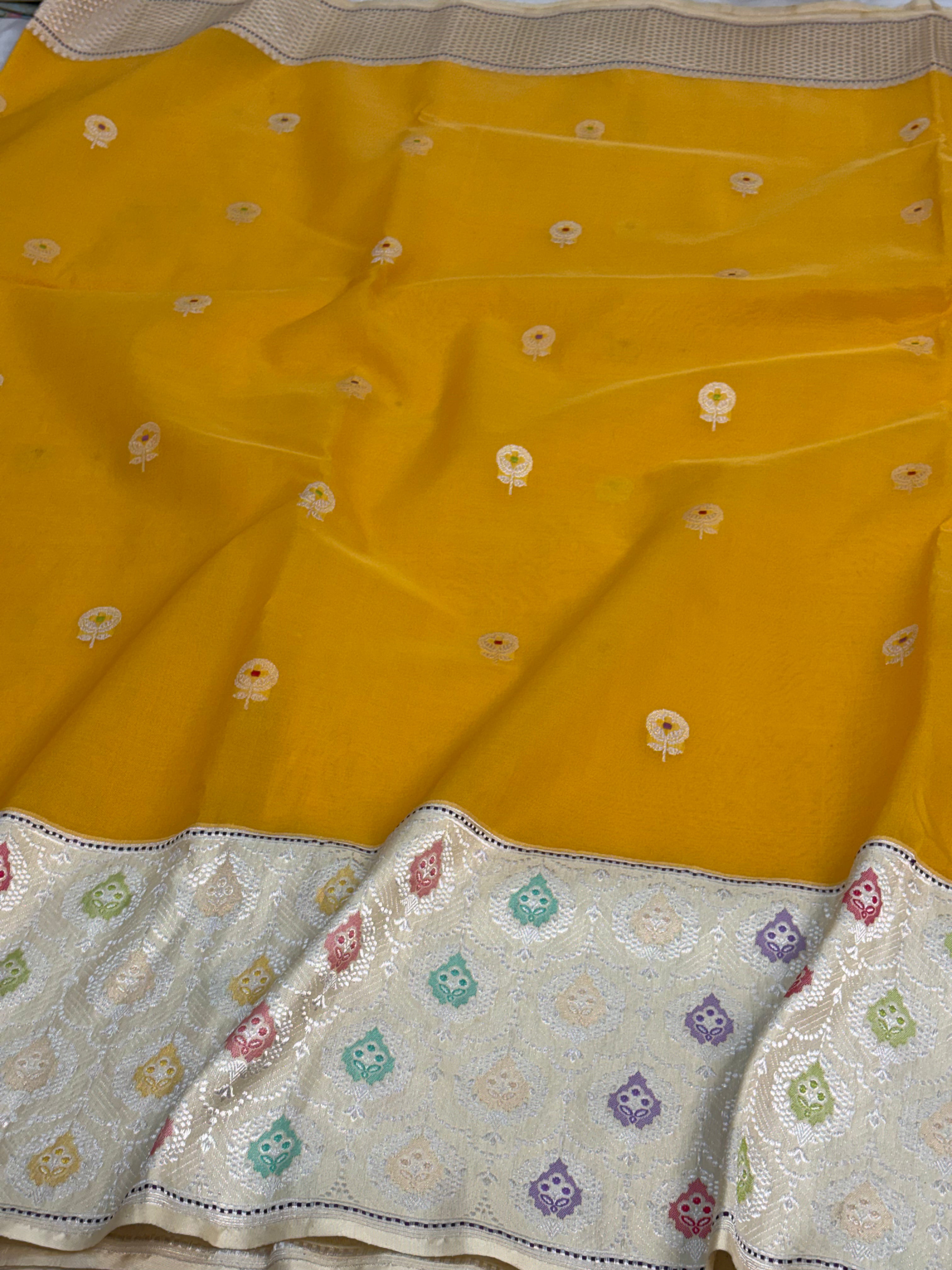 Pure Kora Ektara Handwoven Banarasi Saree with Ivory Katan Silk Kadhial Border
