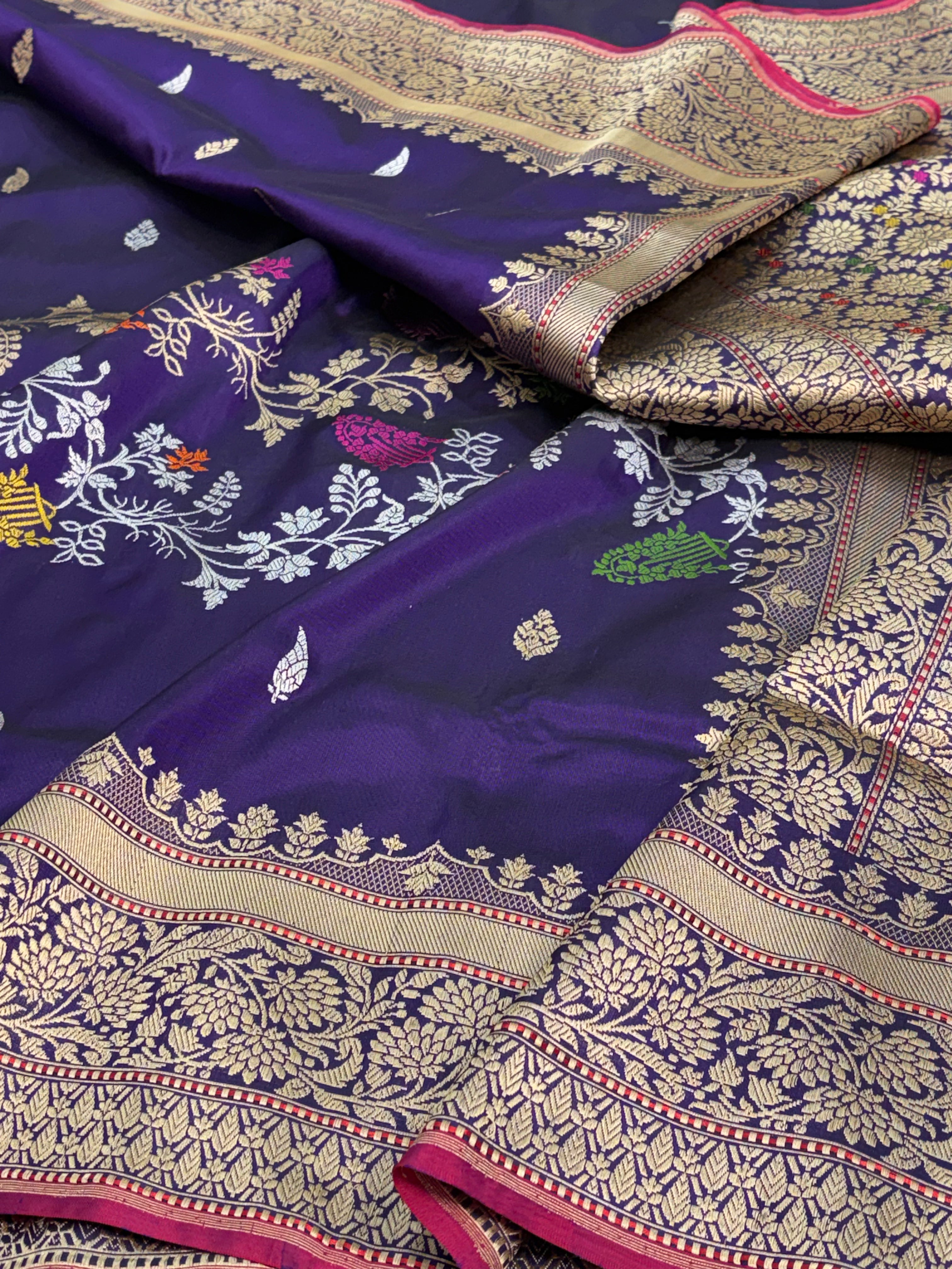 Purple Pure Katan Silk Handwoven Banarasi Saree with Half Booti Half Jaal Weaving and Meenakari Work