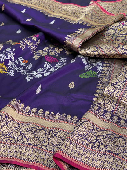 Purple Pure Katan Silk Handwoven Banarasi Saree with Half Booti Half Jaal Weaving and Meenakari Work