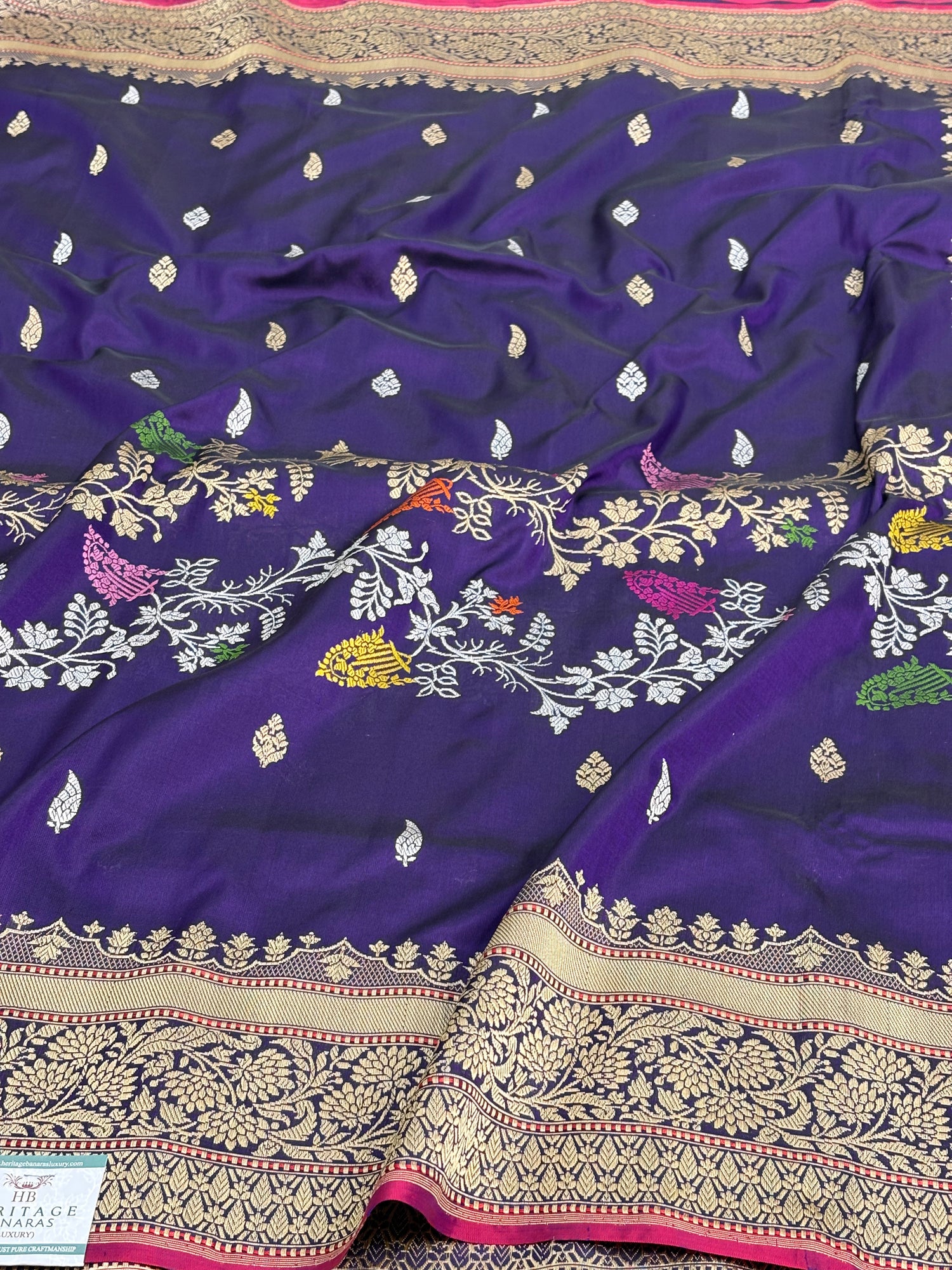 Purple Pure Katan Silk Handwoven Banarasi Saree with Half Booti Half Jaal Weaving and Meenakari Work