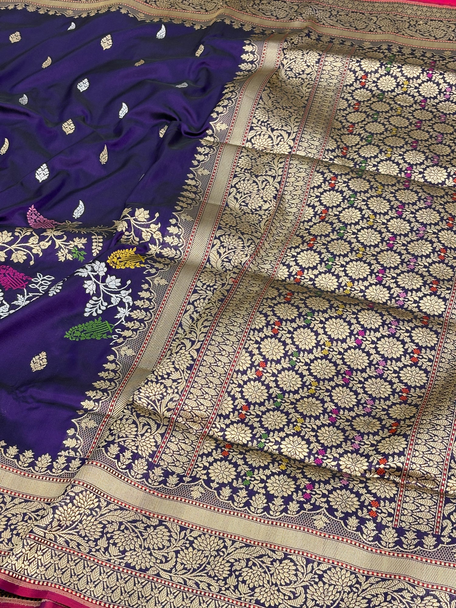 Purple Pure Katan Silk Handwoven Banarasi Saree with Half Booti Half Jaal Weaving and Meenakari Work