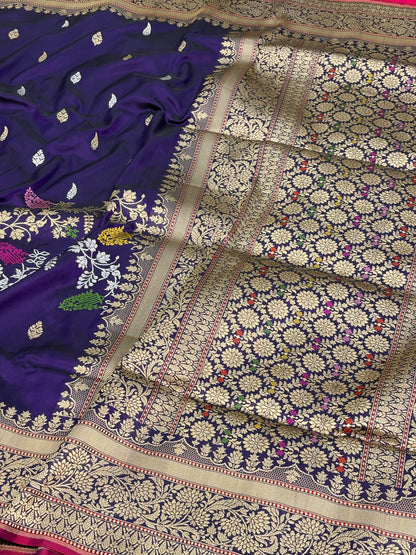 Purple Pure Katan Silk Handwoven Banarasi Saree with Half Booti Half Jaal Weaving and Meenakari Work