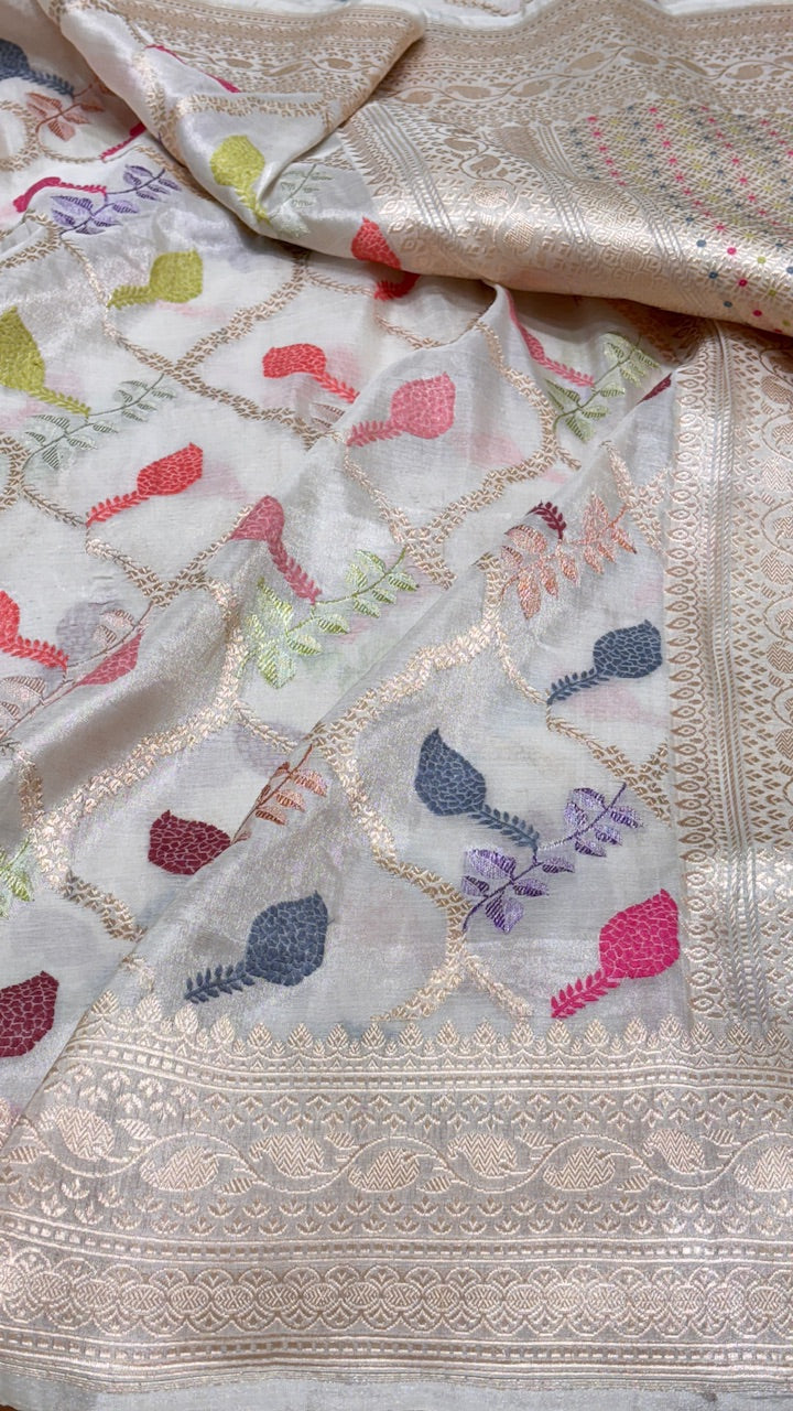 ivory Pure Banarasi Tissue Handwoven Saree