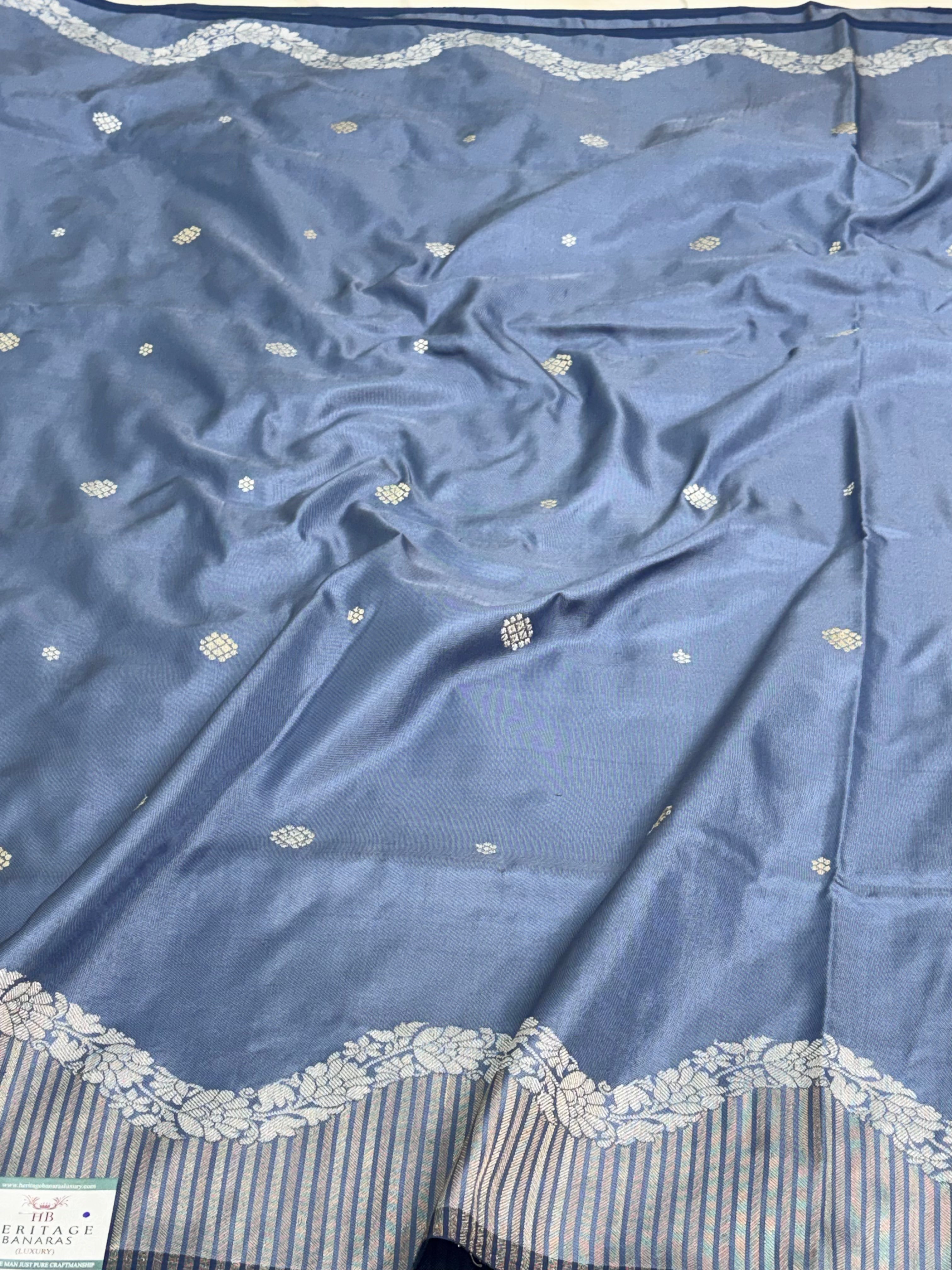 Grey Pure Katan Silk Ektara Banarasi Saree with Rupa Sona Border