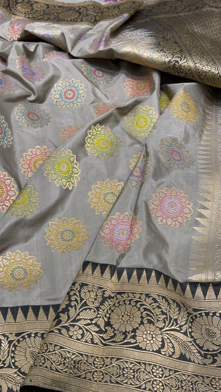 Gray  Banarasi Katan Silk Handwoven Saree