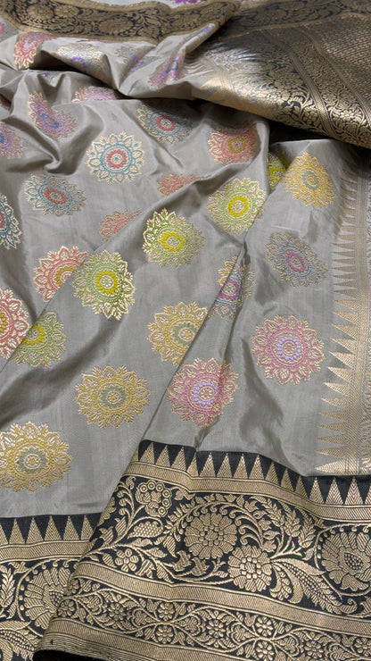 Gray  Banarasi Katan Silk Handwoven Saree
