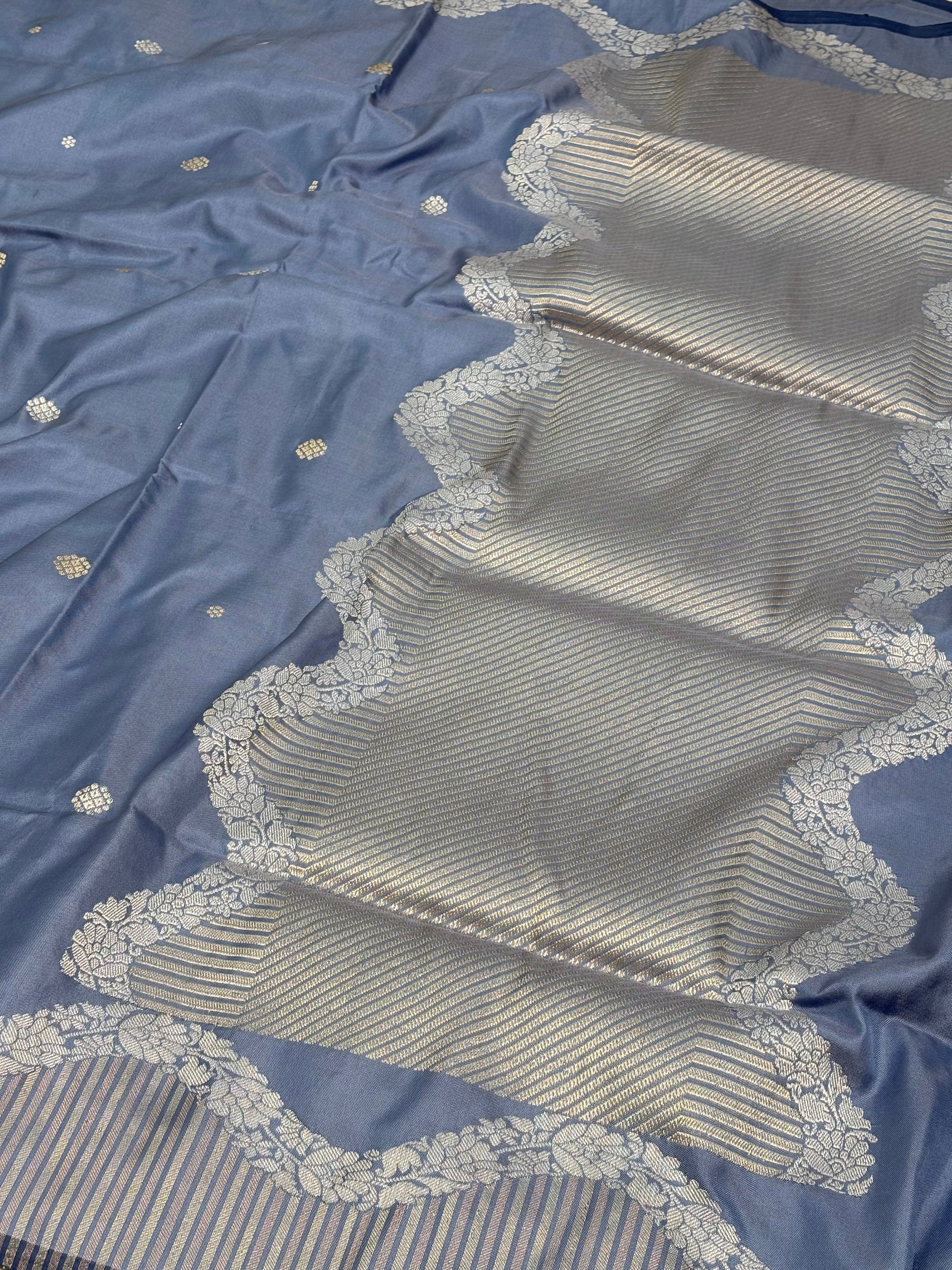 Grey Pure Katan Silk Ektara Banarasi Saree with Rupa Sona Border