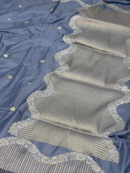 Grey Pure Katan Silk Ektara Banarasi Saree with Rupa Sona Border