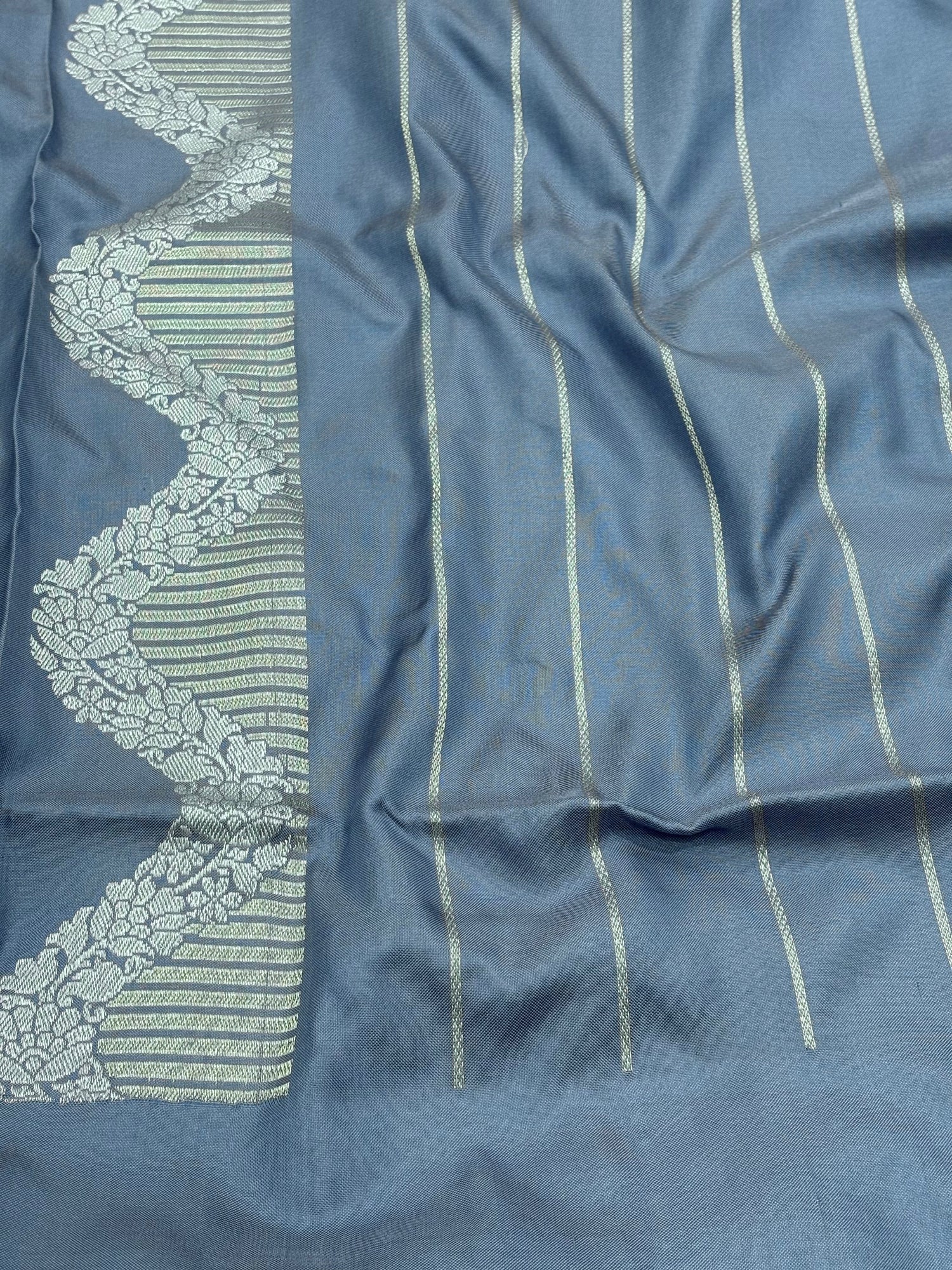 Grey Pure Katan Silk Ektara Banarasi Saree with Rupa Sona Border