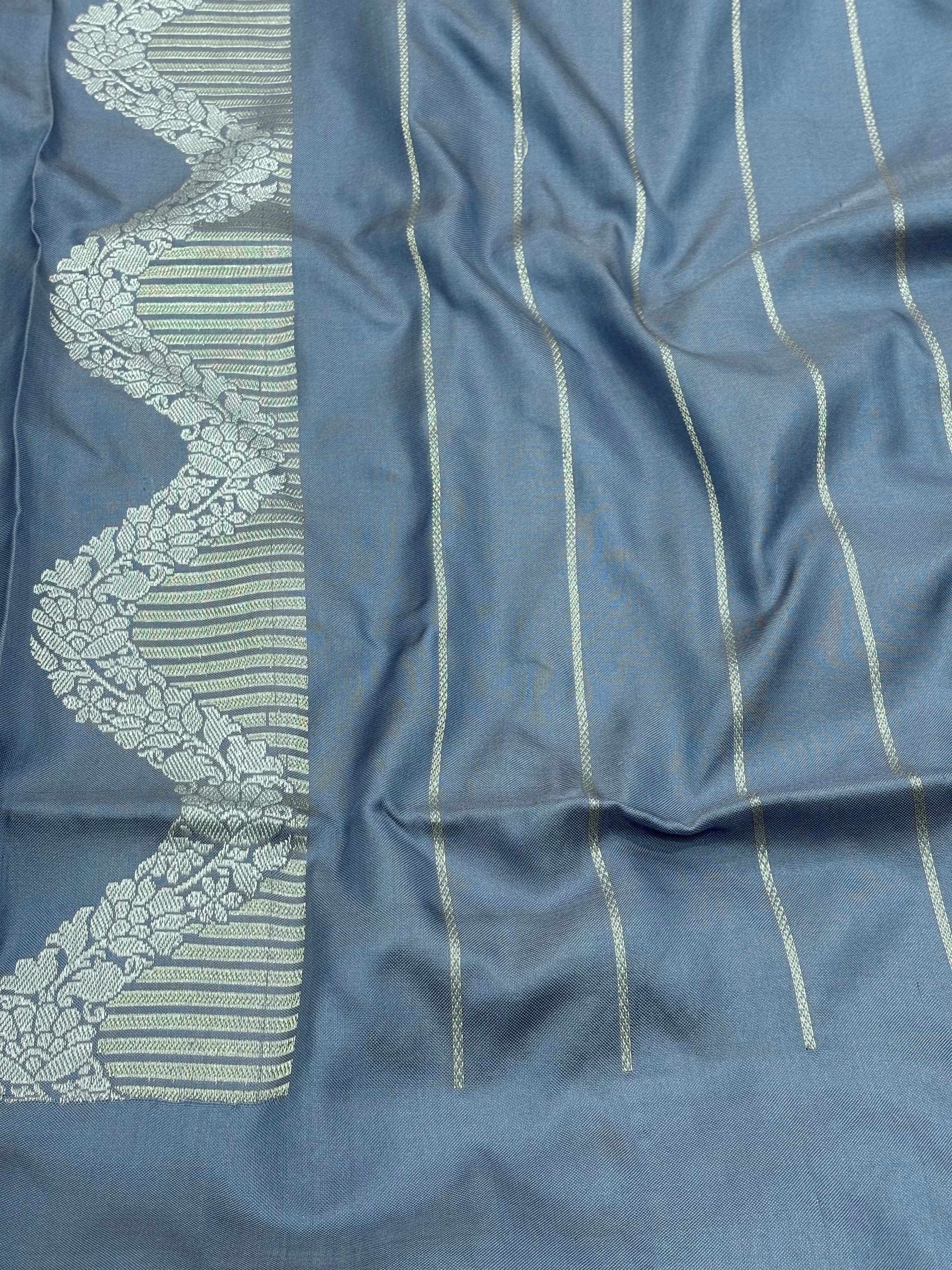 Grey Pure Katan Silk Ektara Banarasi Saree with Rupa Sona Border