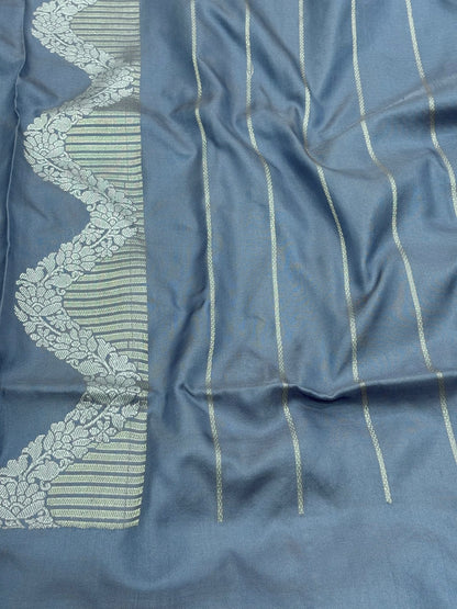 Grey Pure Katan Silk Ektara Banarasi Saree with Rupa Sona Border
