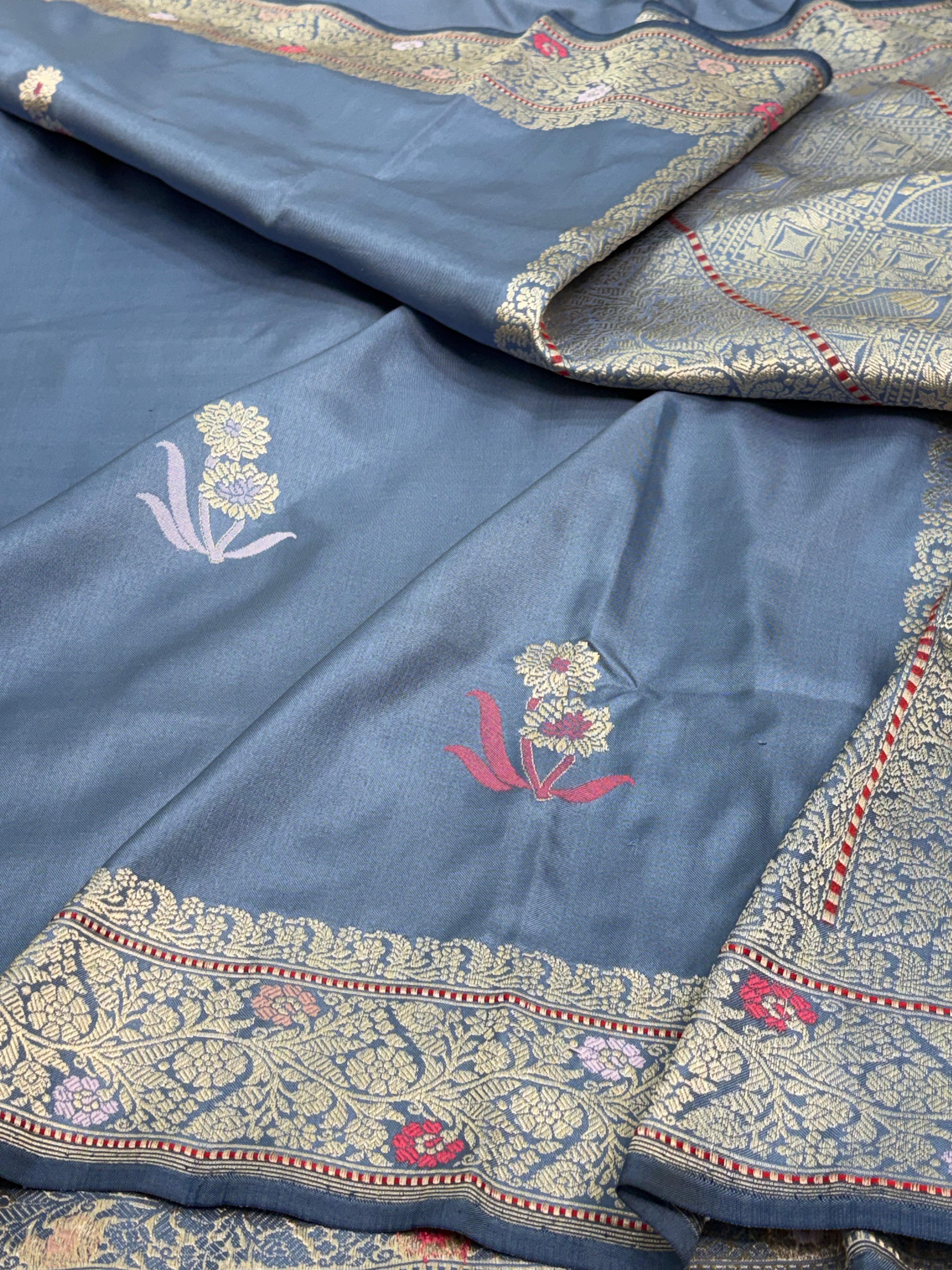 Grey Pure Katan Silk Ektara Banarasi Saree with Meenakari Boota and Border