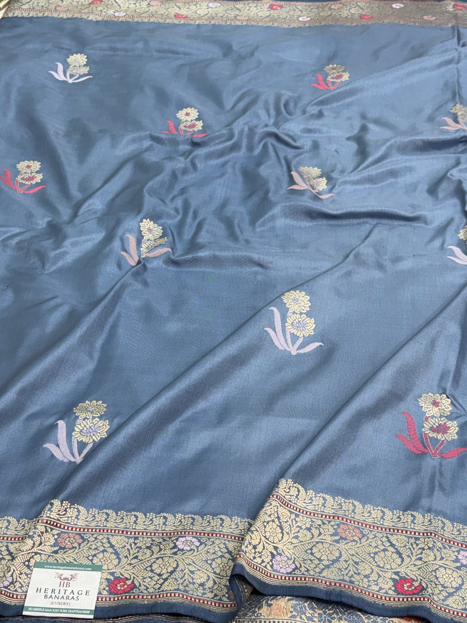 Grey Pure Katan Silk Ektara Banarasi Saree with Meenakari Boota and Border