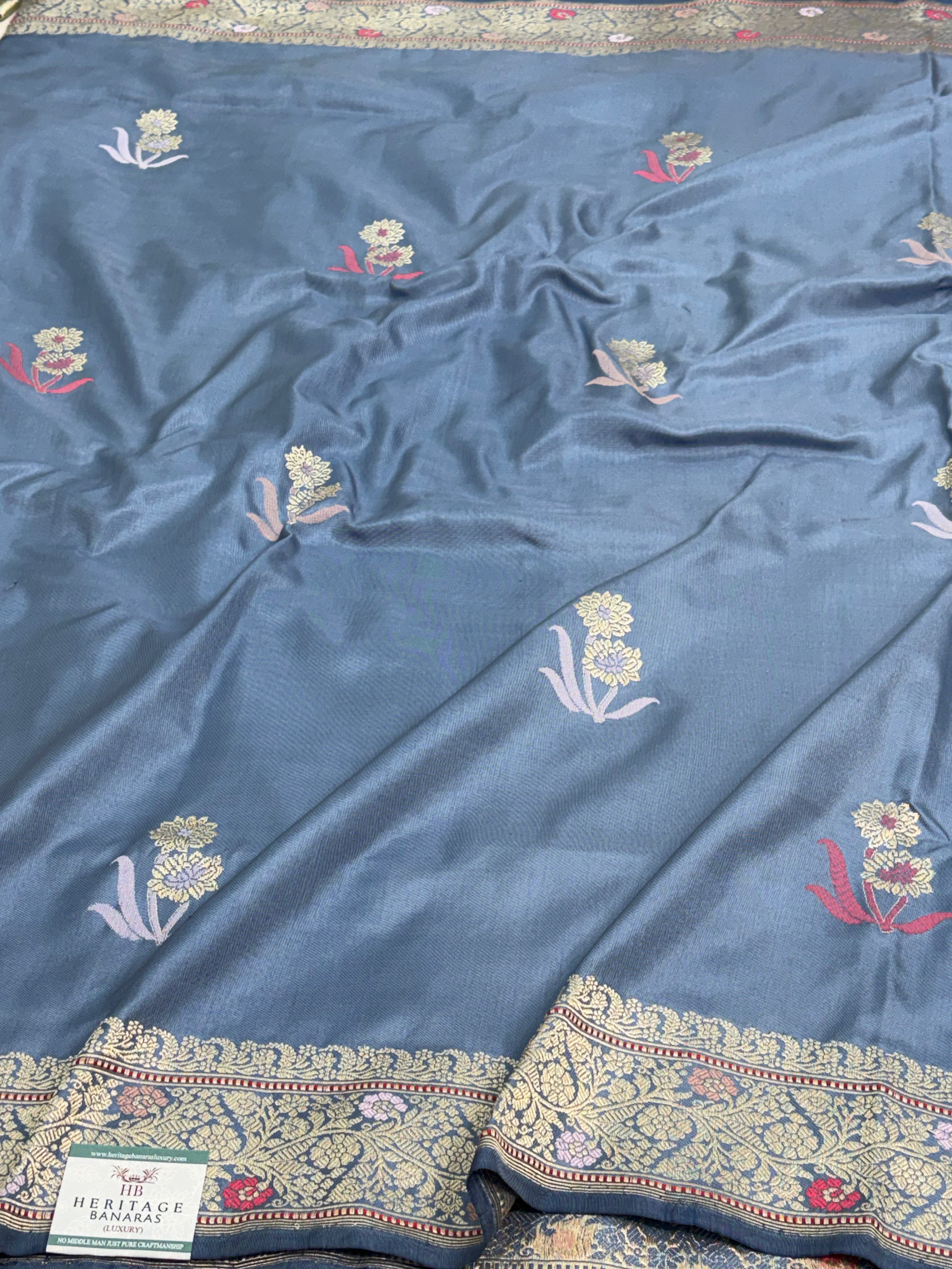 Grey Pure Katan Silk Ektara Banarasi Saree with Meenakari Boota and Border