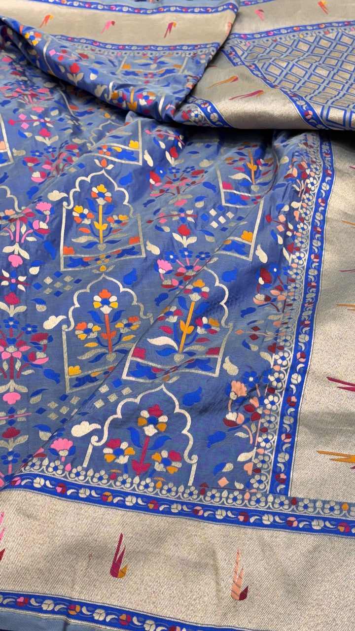 Blue  Banarasi Katan Silk Handwoven Saree