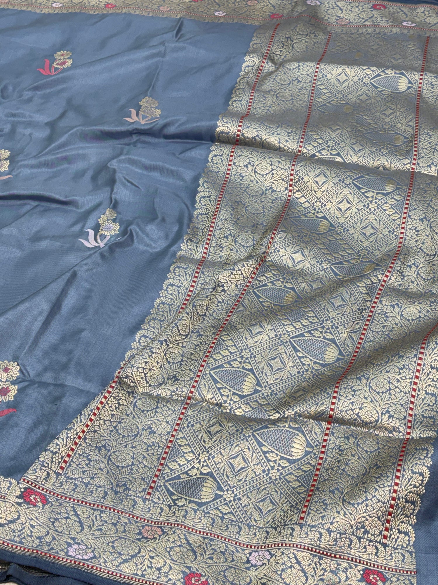 Grey Pure Katan Silk Ektara Banarasi Saree with Meenakari Boota and Border
