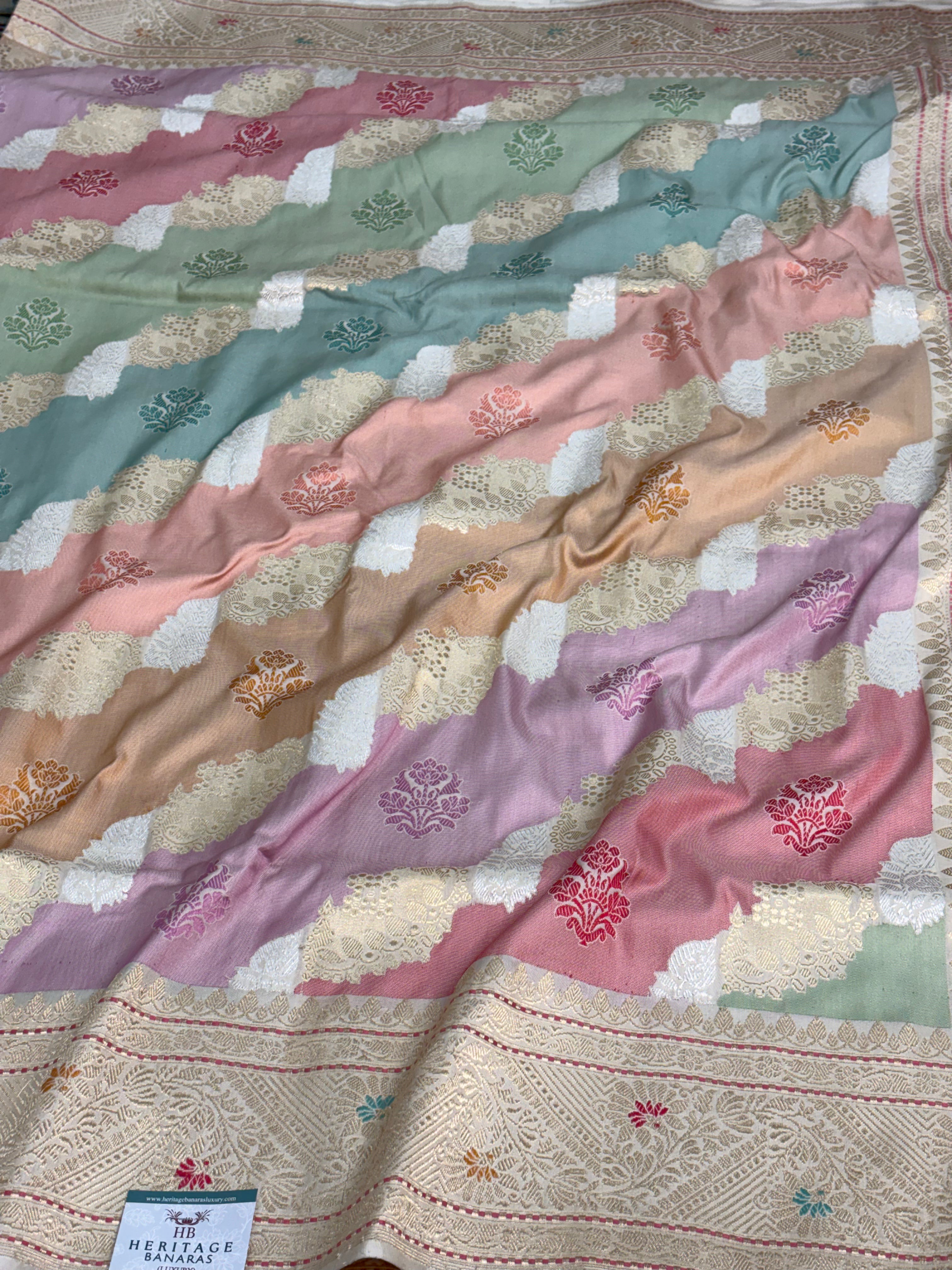 Pastel Pure Ektara Rangkat Banarasi Saree with Meenakari Border