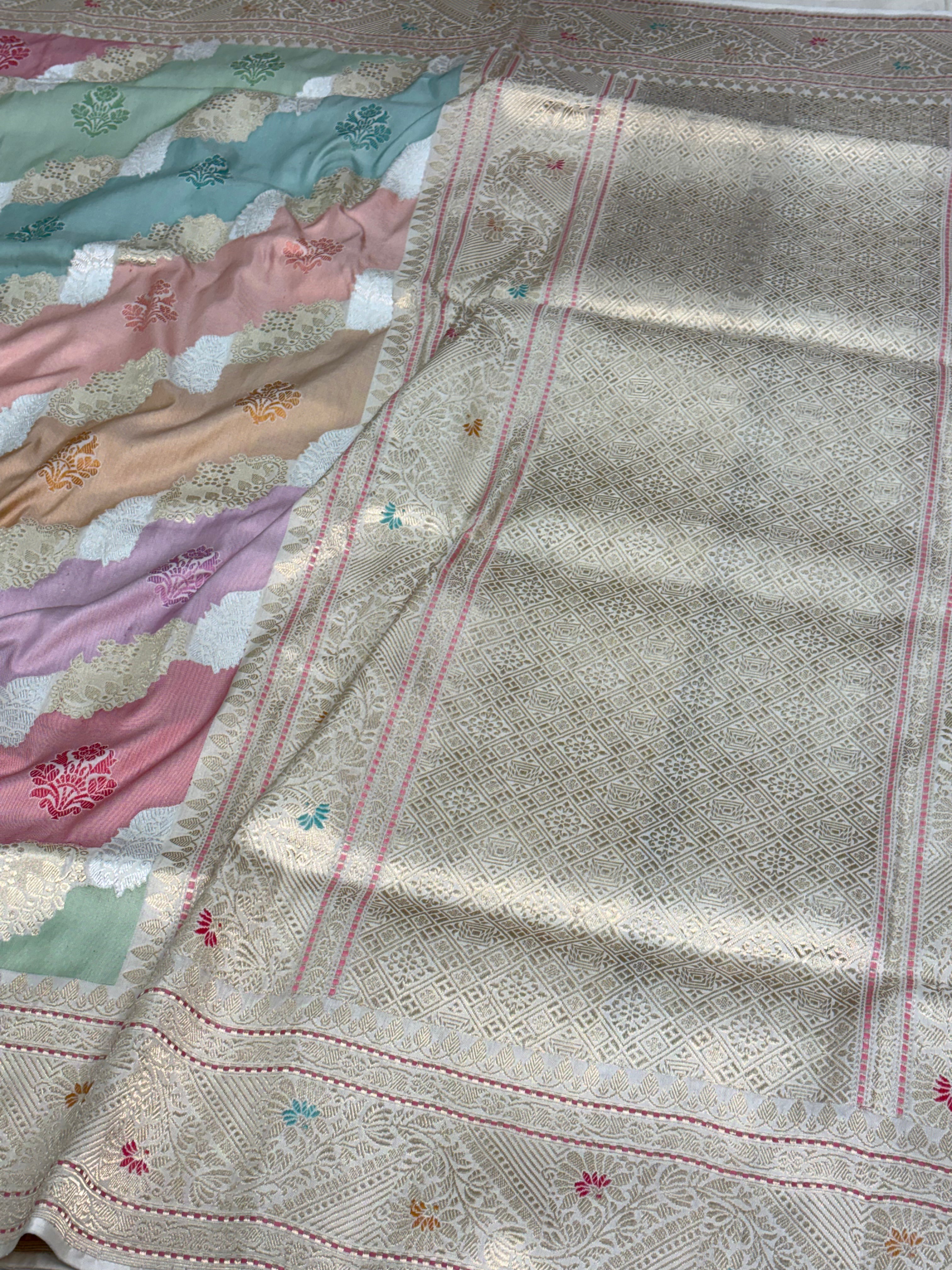Pastel Pure Ektara Rangkat Banarasi Saree with Meenakari Border