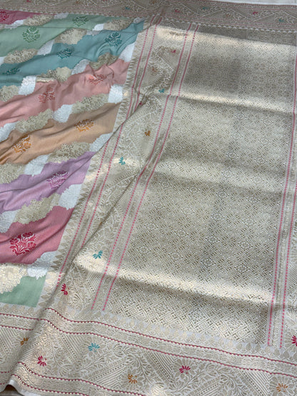 Pastel Pure Ektara Rangkat Banarasi Saree with Meenakari Border