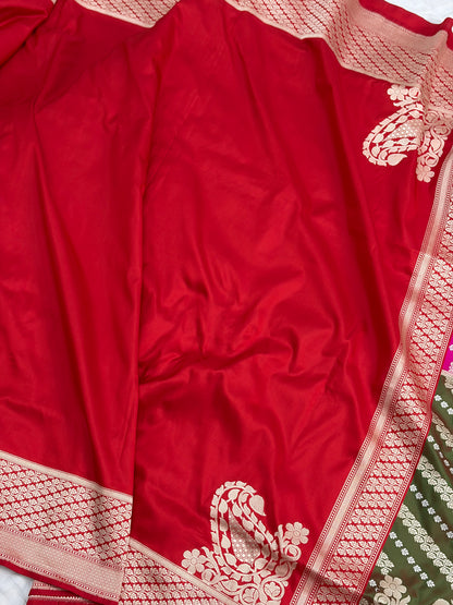 Red Handwoven Pure Banarasi Katan Silk Saree with Rangkat Pallu