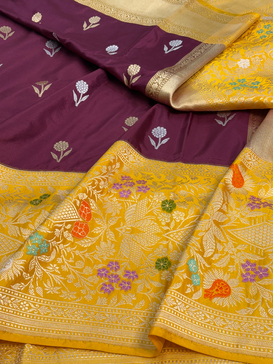 Magenta Pure Katan Silk Banarasi Saree with Yellow Kadhial Meenakari Border