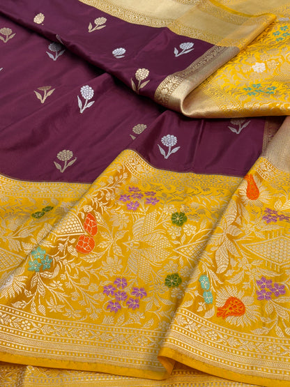 Magenta Pure Katan Silk Banarasi Saree with Yellow Kadhial Meenakari Border