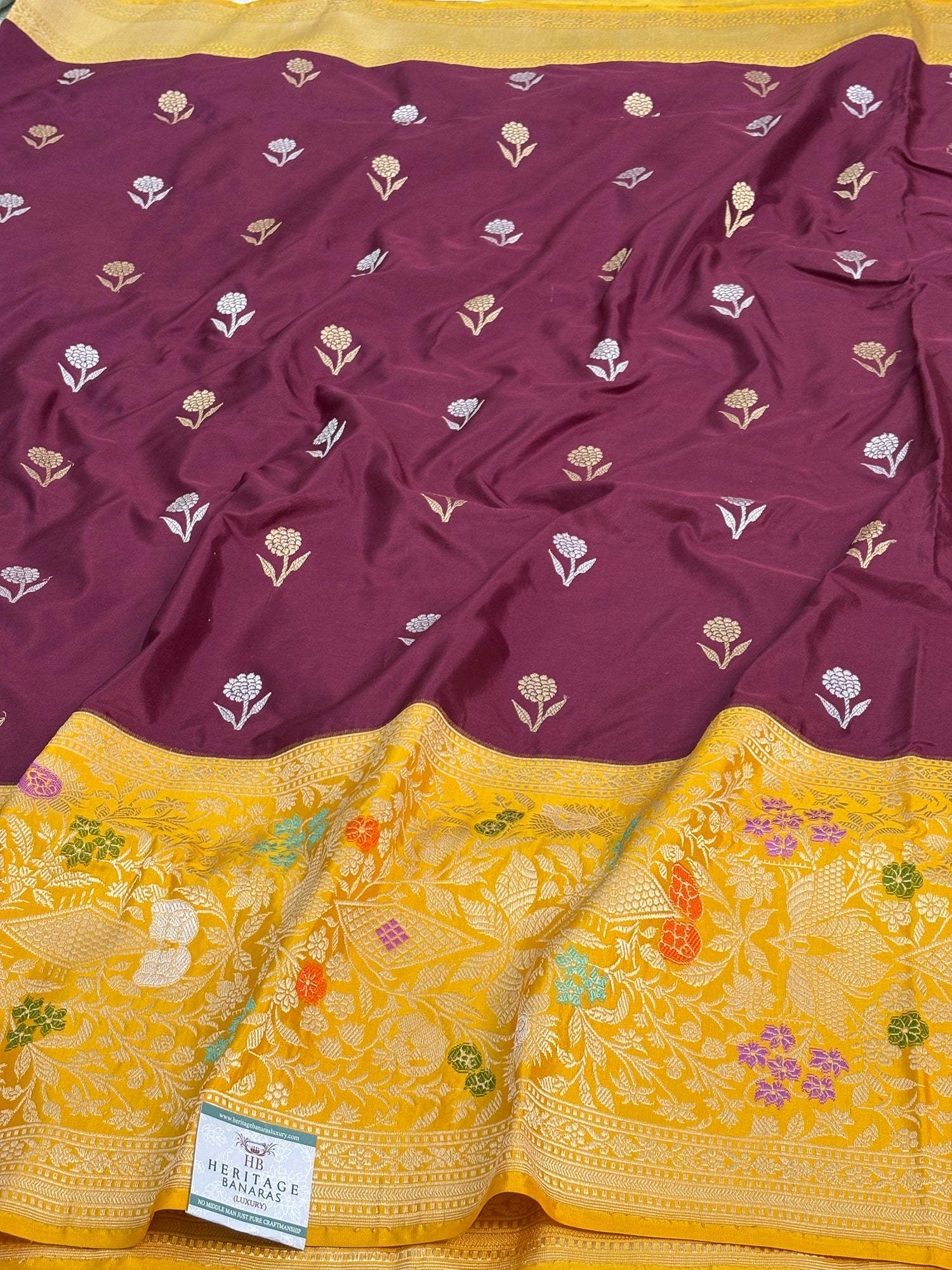 Magenta Pure Katan Silk Banarasi Saree with Yellow Kadhial Meenakari Border