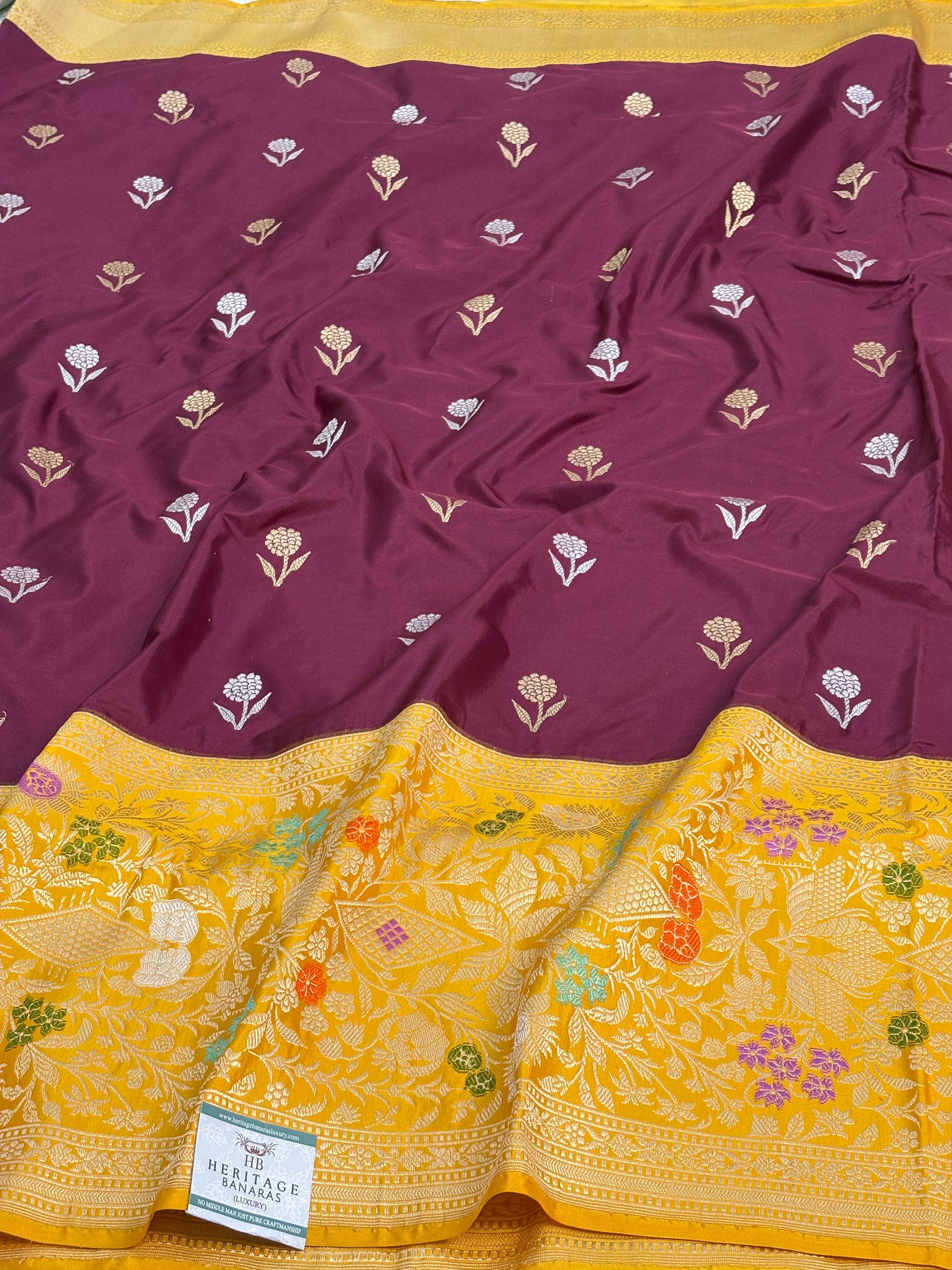 Magenta Pure Katan Silk Banarasi Saree with Yellow Kadhial Meenakari Border