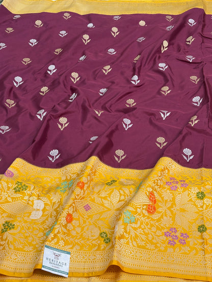 Magenta Pure Katan Silk Banarasi Saree with Yellow Kadhial Meenakari Border
