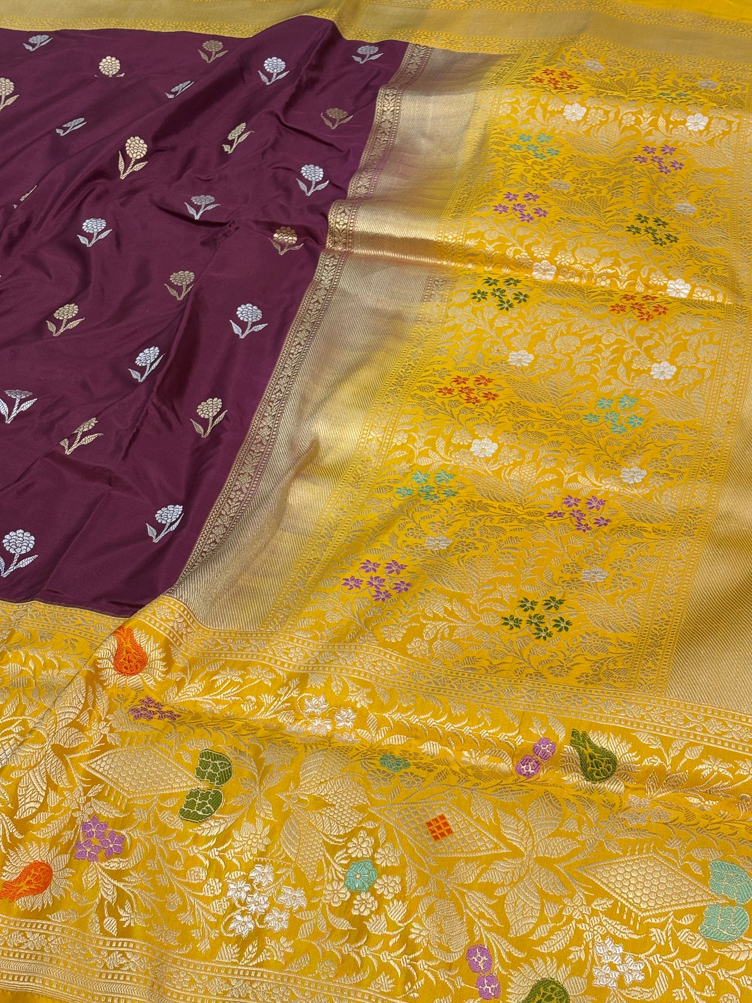 Magenta Pure Katan Silk Banarasi Saree with Yellow Kadhial Meenakari Border
