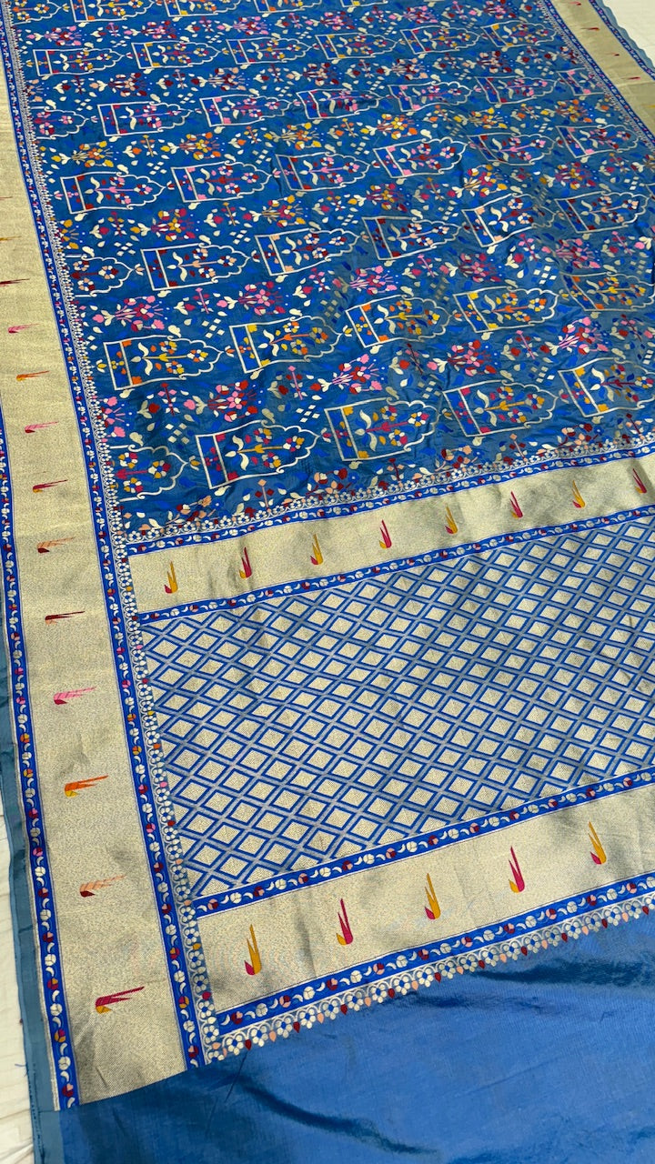 Blue  Banarasi Katan Silk Handwoven Saree