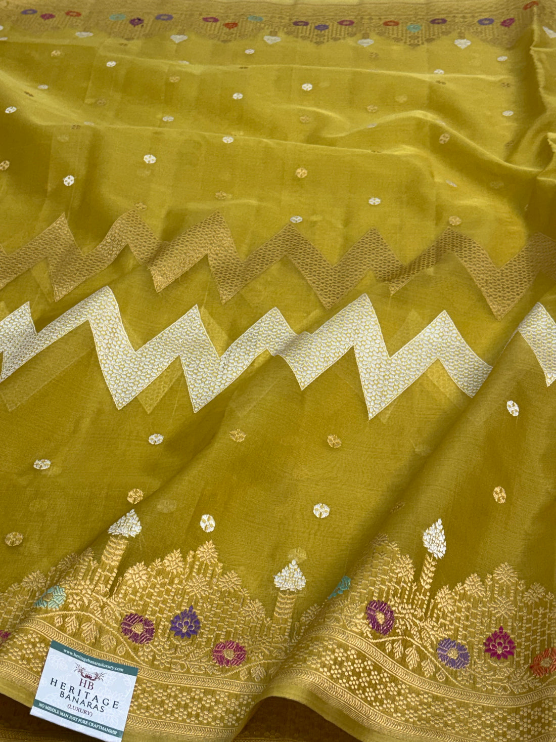 Liril Green Pure Kora Banarasi Saree with Necklace Jaal and Meenakari Border