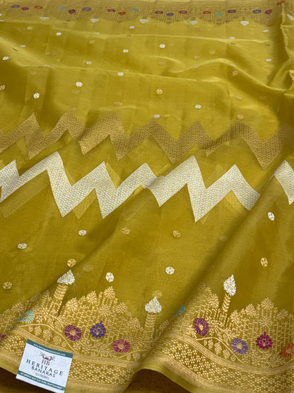 Liril Green Pure Kora Banarasi Saree with Necklace Jaal and Meenakari Border