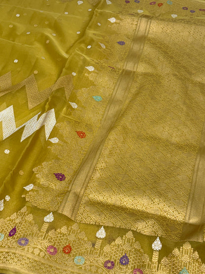 Liril Green Pure Kora Banarasi Saree with Necklace Jaal and Meenakari Border