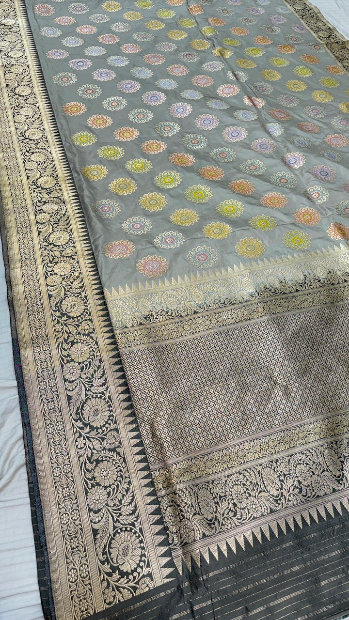 Gray  Banarasi Katan Silk Handwoven Saree