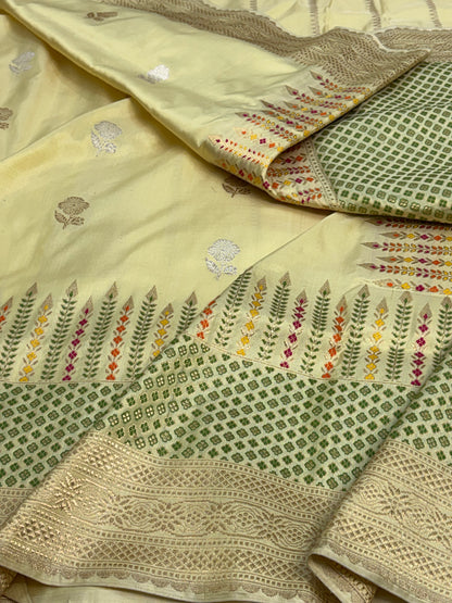 Butter Yellow Pure Katan Silk Banarasi Saree with Meenakari Skirt Border
