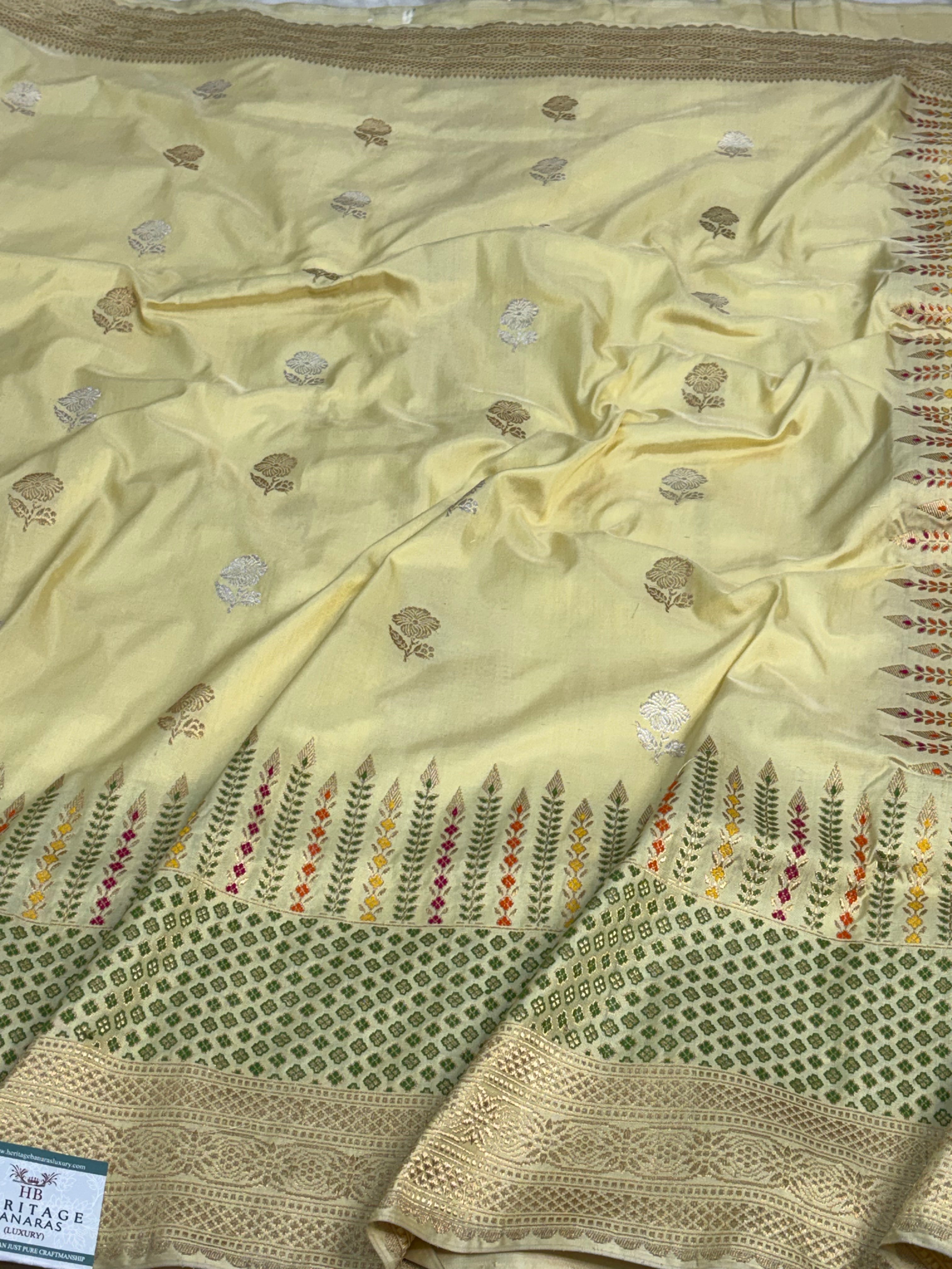 Butter Yellow Pure Katan Silk Banarasi Saree with Meenakari Skirt Border