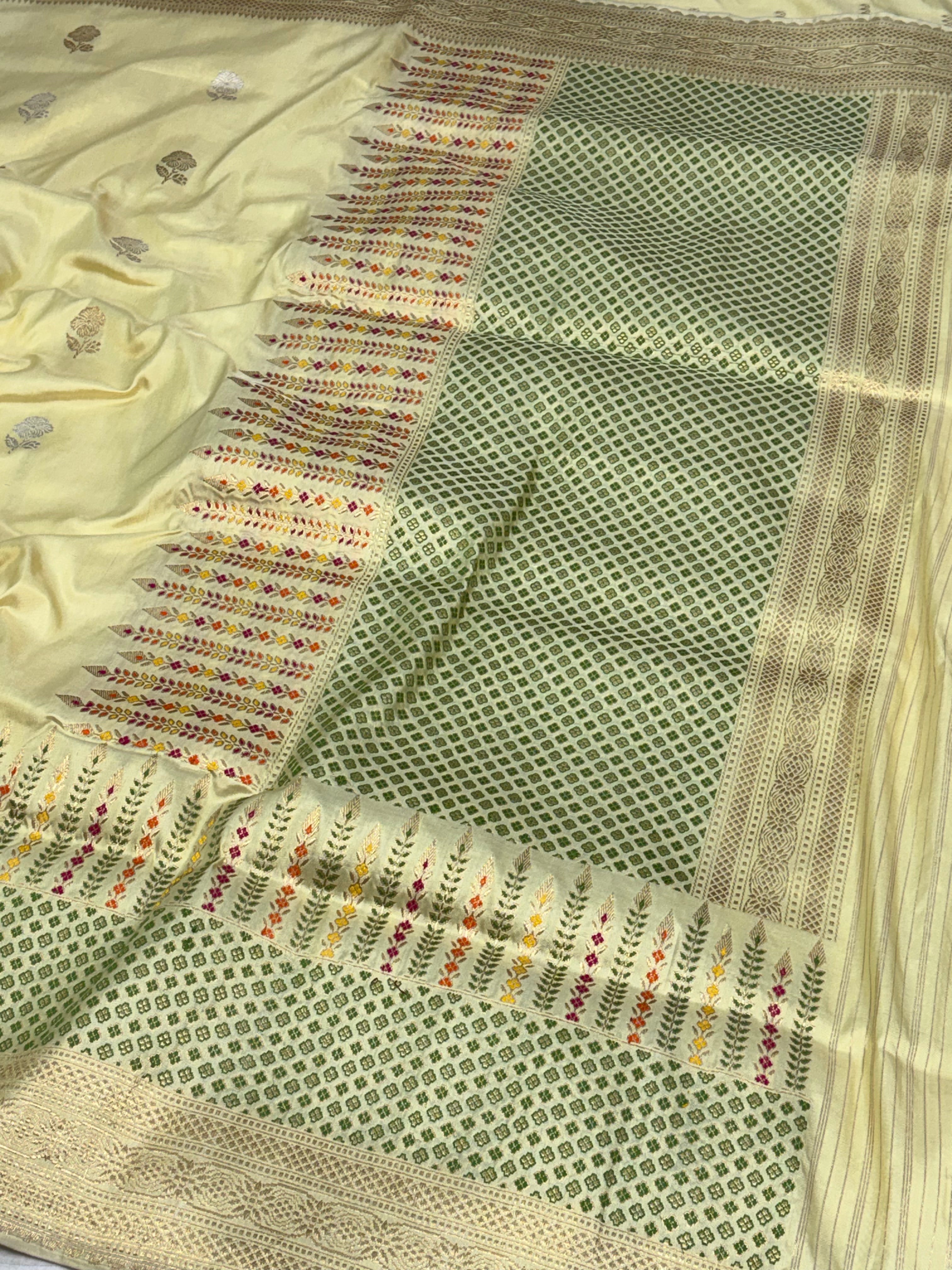Butter Yellow Pure Katan Silk Banarasi Saree with Meenakari Skirt Border