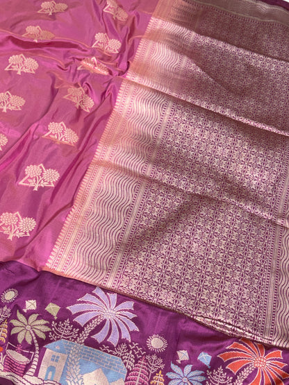 Baby Pink Handwoven Pure Banarasi Katan Silk Saree with Kadhiyaal Border